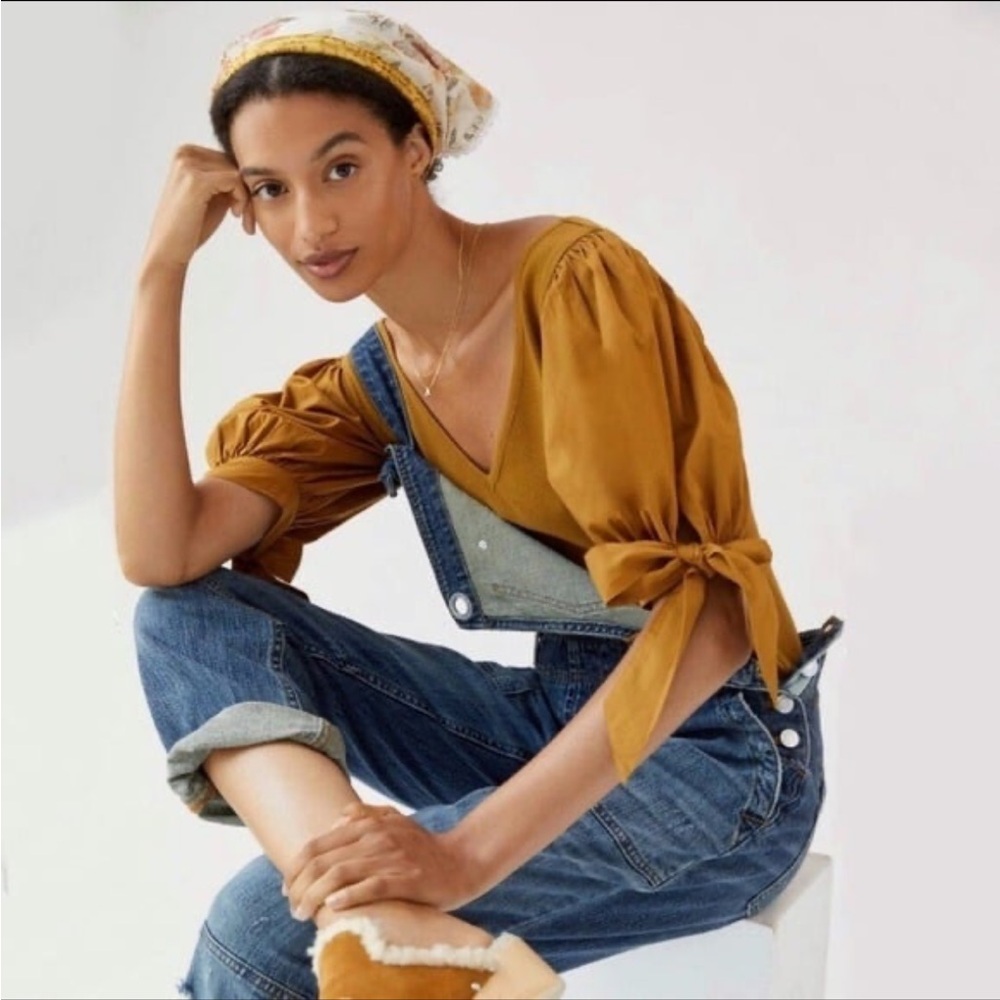 Anthropologie Maeve Puff Sleeved Ribbed Top Yellow Gold NWT